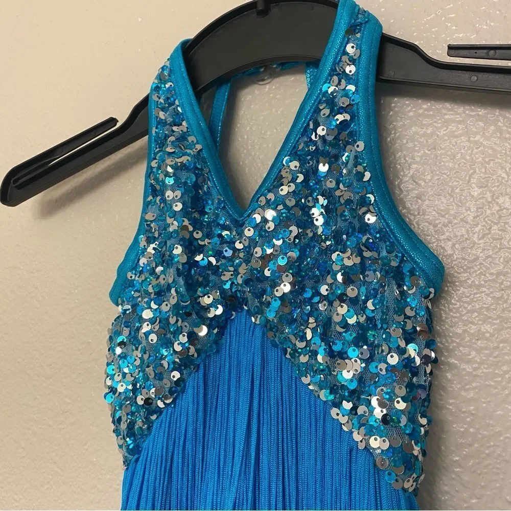 Weissman dance costume aqua blue sequin fringe flapper Little Brown Jug 10425 SC
